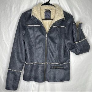 Prana Esme Gray Faux Suede Beige Sherpa Trimmed Lined Moto Casual Jacket S